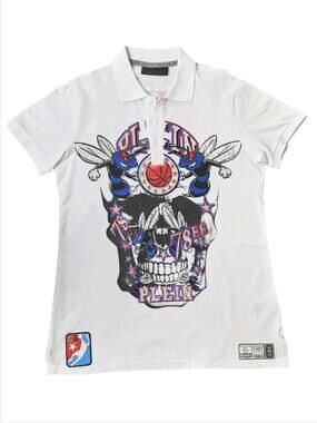 Philipp Plein All Star Basketball Skull Rhinestone Graphic Polo Shirt Luxury XL